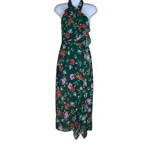 C/MEO Collective Elude Midi Dress Green Floral Front Ruffles Halter Neck‎ XS